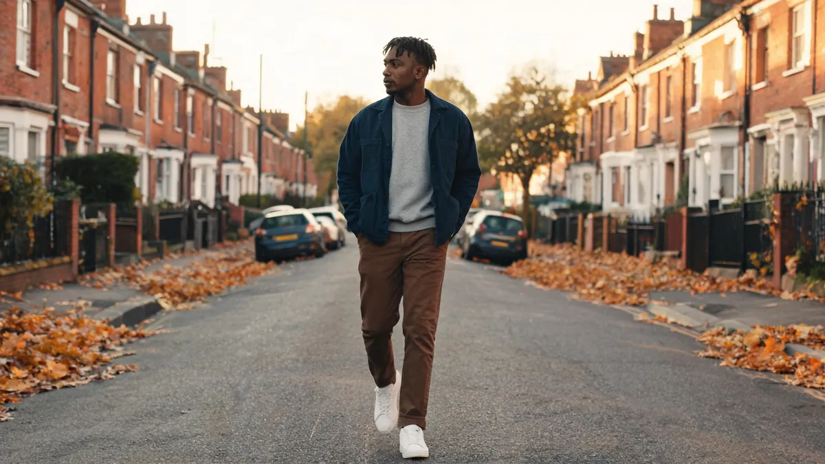 Man in mid-brown chinos, a heather grey sweatshirt, an open navy chore jacket and white sneakers on a residential street