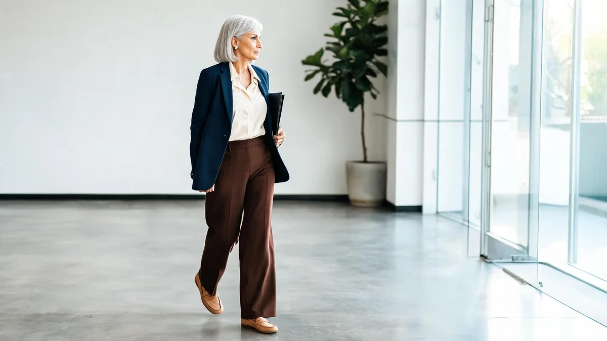 Woman in chocolate-brown wide-leg trousers, a tucked cream blouse, an open navy blazer and tan loafers in an office lobby