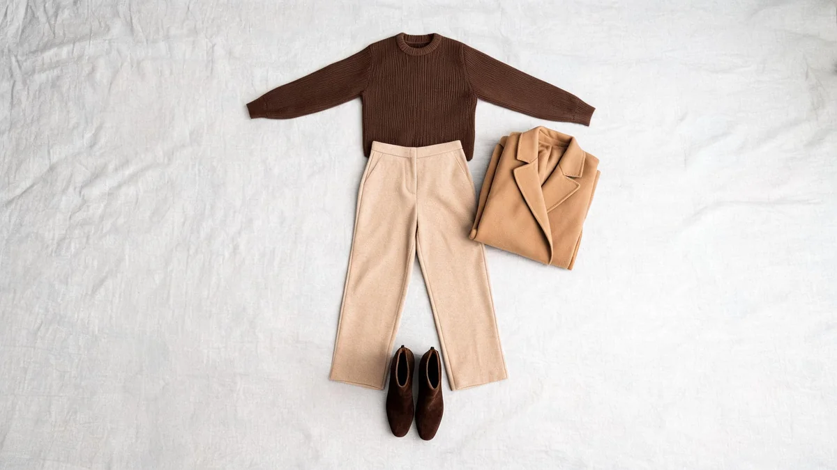 Flat lay of tan wide-leg trousers, a chocolate ribbed sweater, a folded camel wool coat and dark brown suede ankle boots