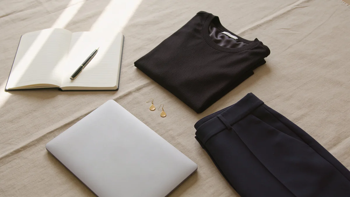 Black silk knit top, navy ponte trousers, gold drop earrings, and a closed laptop on beige linen for a morning all-hands call