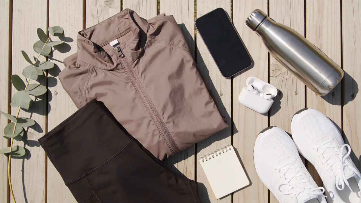 Taupe windbreaker, black leggings, white running sneakers, earbuds case, water bottle, and a sprig of eucalyptus on light pine wood for a walking call