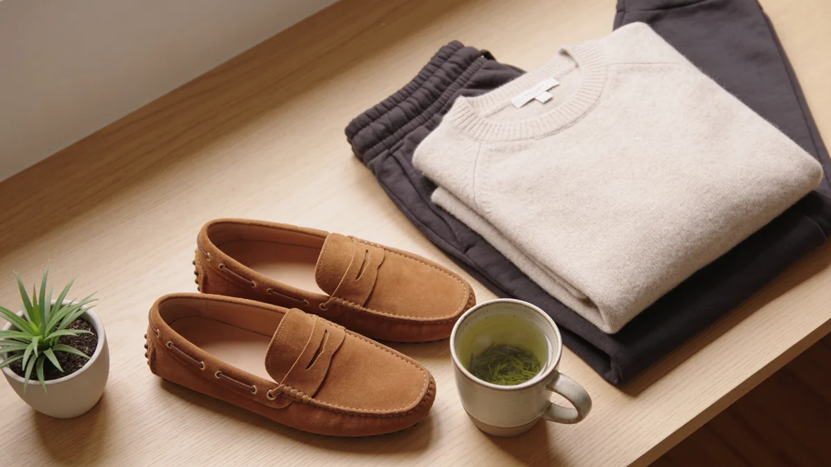 Oatmeal cashmere crewneck, charcoal joggers, suede loafers, and a tea mug on light oak wood for a no-call work block