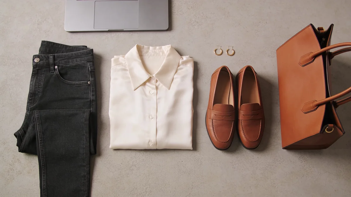 Cream silk blouse, dark straight-leg jeans, brown loafers, cognac tote, and a laptop on soft gray concrete for a hybrid office day