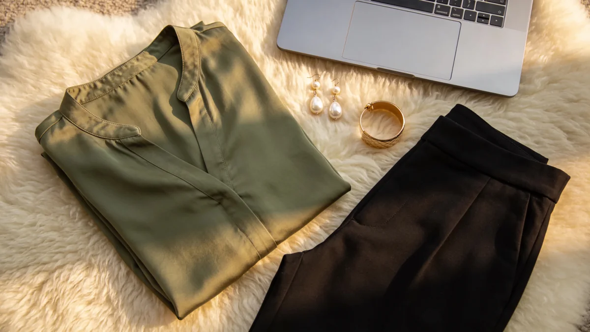 Sage green silk blouse, black ponte trousers, pearl drop earrings, and a gold cuff on cream boucle texture for a long video presentation