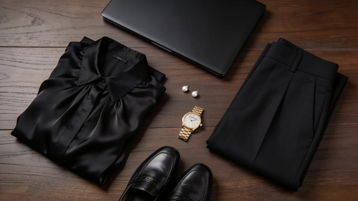 Black silk blouse, tailored wool trousers, leather loafers, pearl studs, and a closed black laptop on dark walnut wood for a stakes-high pitch