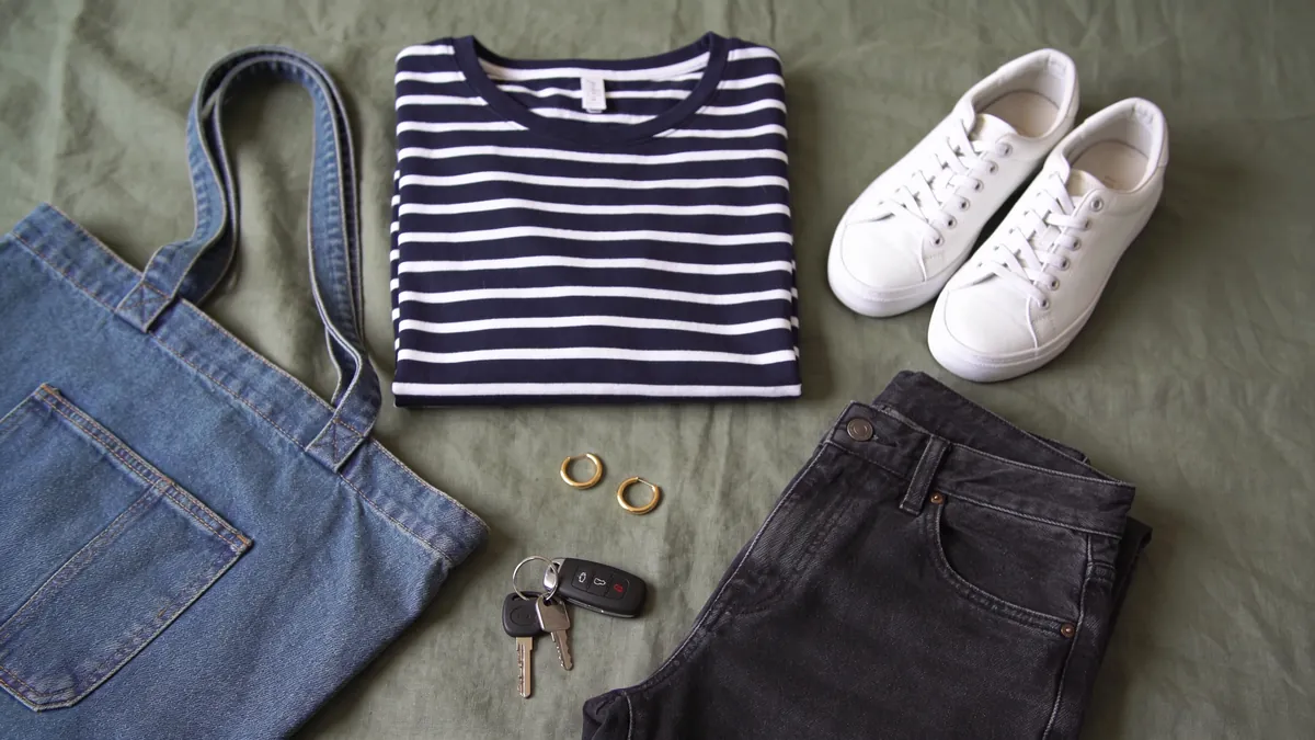 Navy Breton striped top, dark mom jeans, white sneakers, gold huggies, and a denim tote on sage muslin for a school run into a work call