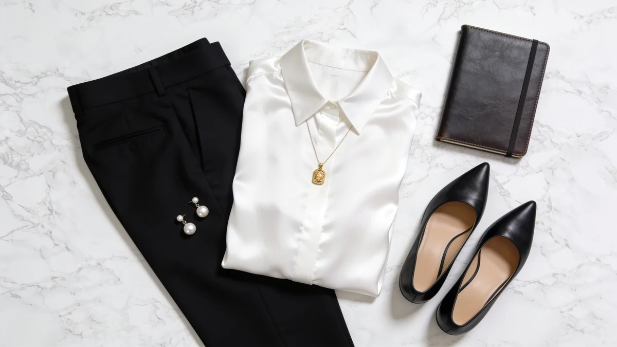 Crisp white silk blouse, black tailored trousers, pearl studs, gold pendant, and a leather portfolio on white marble for a remote job interview
