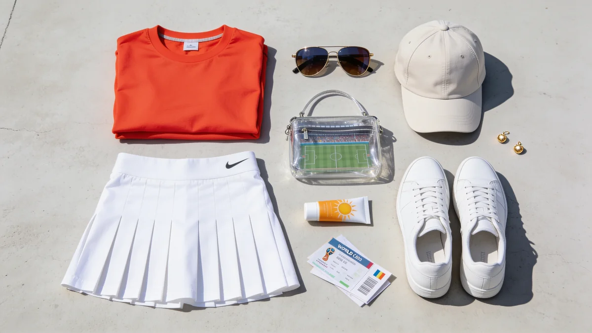 World Cup match-day outfit laid out flat: team-color tee, white pleated skirt, sneakers, cap, sunglasses, clear stadium bag, and sunscreen