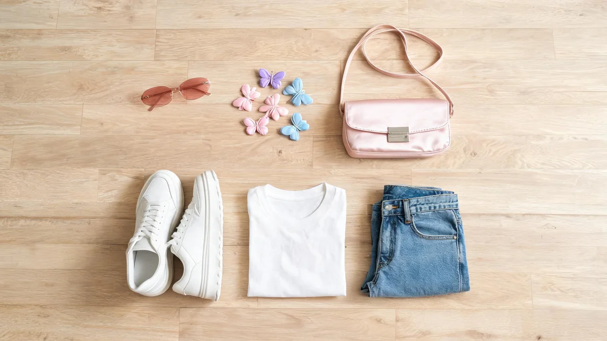 Flat lay of rose-tinted rimless sunglasses, pastel butterfly hair clips, a small baguette bag, white platform sneakers, a white tee and straight jeans