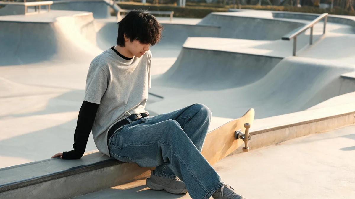 Young man in a plain grey short-sleeve tee layered over a long-sleeve black thermal, baggy jeans and chunky skate shoes