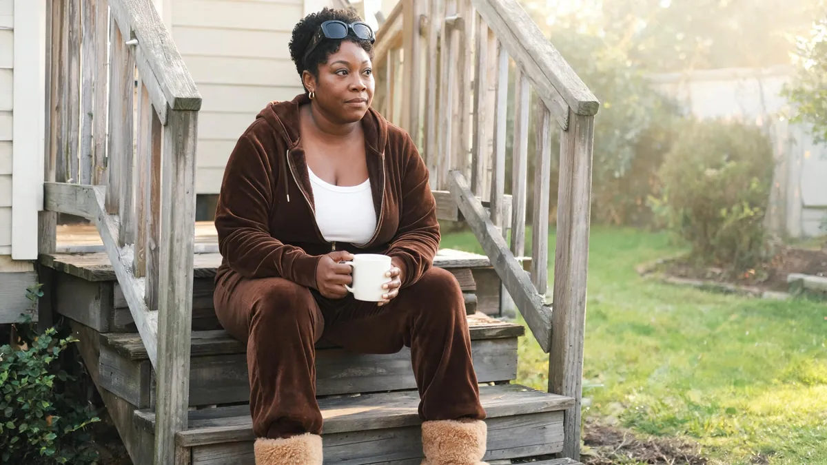 Woman in her forties wearing a chocolate brown velour tracksuit with the hoodie half zipped over a white tank