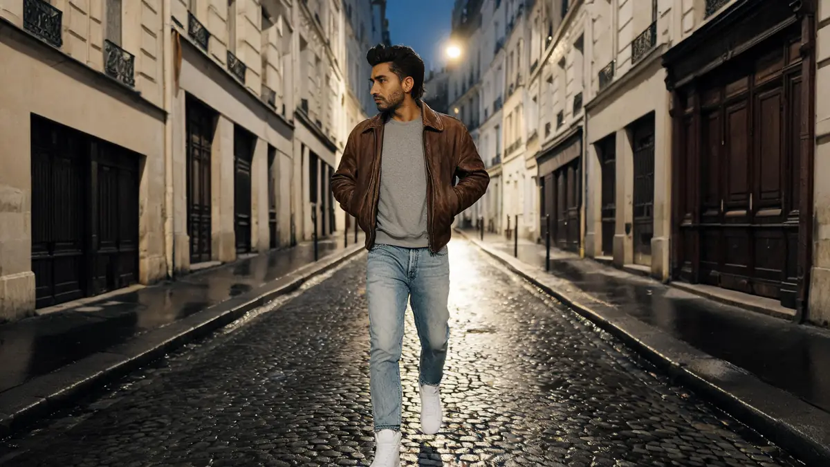 Homme d'une trentaine d'années en blouson en cuir marron vieilli, sweat gris uni et jean délavé, marchant le soir dans une rue pavée de Paris