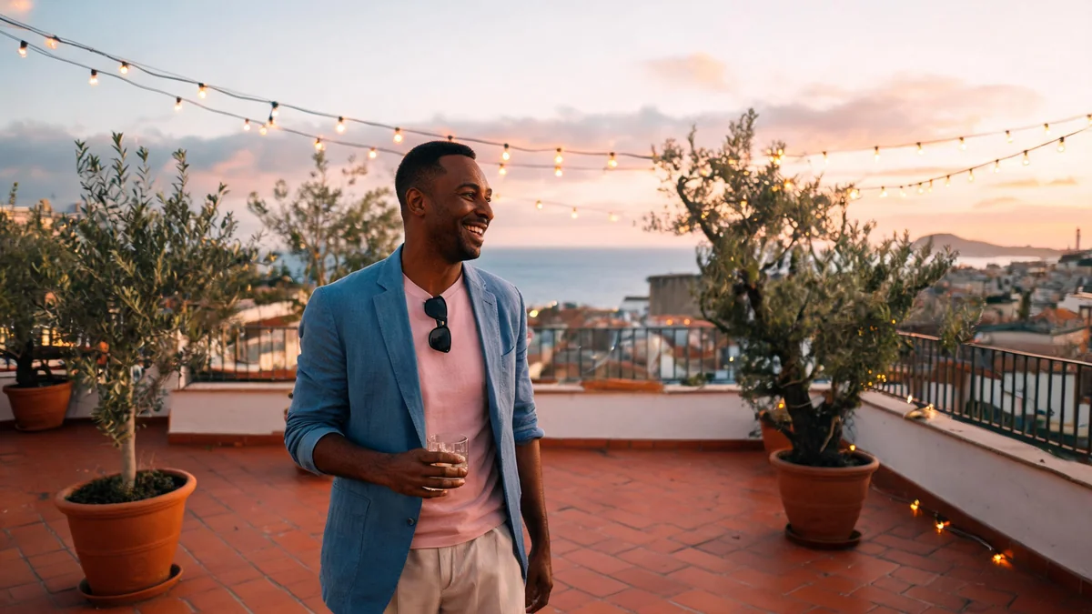Homme d'une quarantaine d'années à la peau foncée en veste de costume bleu ciel aux manches retroussées sur un t-shirt rose pâle, verre à la main sur une terrasse en soirée