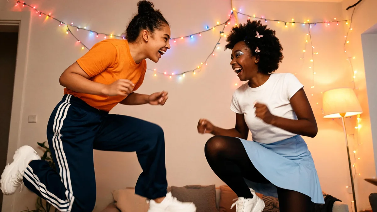 Deux amies en baskets à plateforme blanches, l'une en pantalon de survêtement bleu marine à bandes et t-shirt orange avec deux chignons hauts, l'autre en jupe trapèze bleu clair, dansant dans un salon