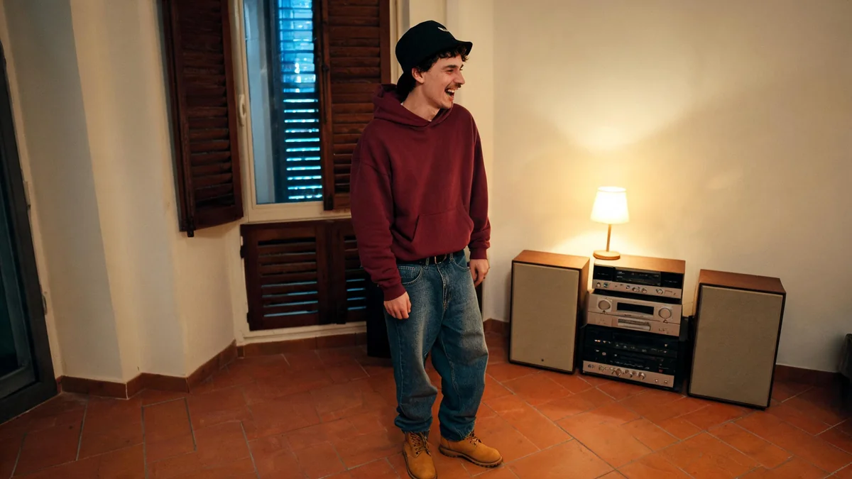 Jeune homme en jean très large, sweat à capuche bordeaux uni, bob noir et boots en nubuck jaune, riant près d'une chaîne hi-fi pendant une soirée en appartement