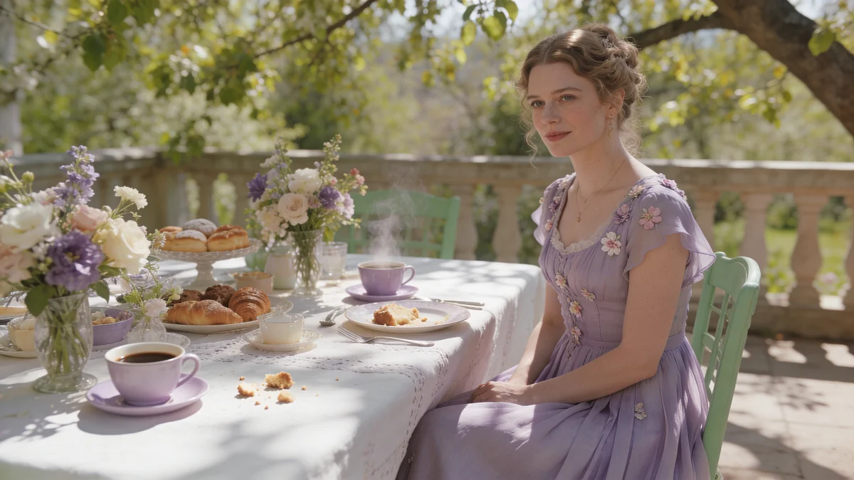 Femme élégante en robe midi pastel lilas lors d'un brunch printanier en terrasse