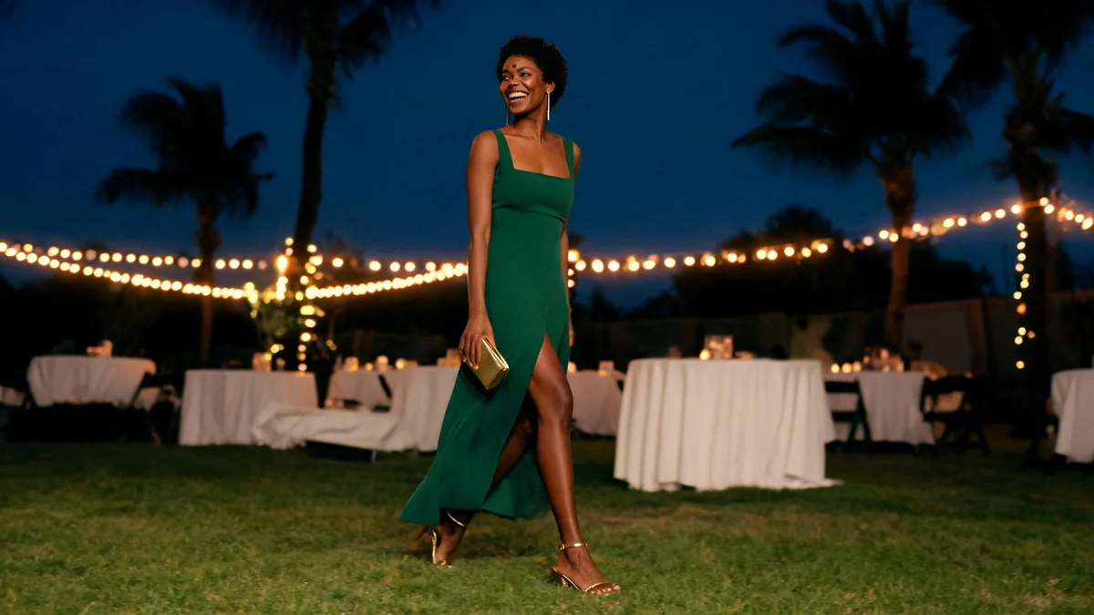 Convidada de vestido longo verde-esmeralda com fenda e sandália de salto bloco caminhando no gramado de um baile de formatura ao ar livre numa noite de verão