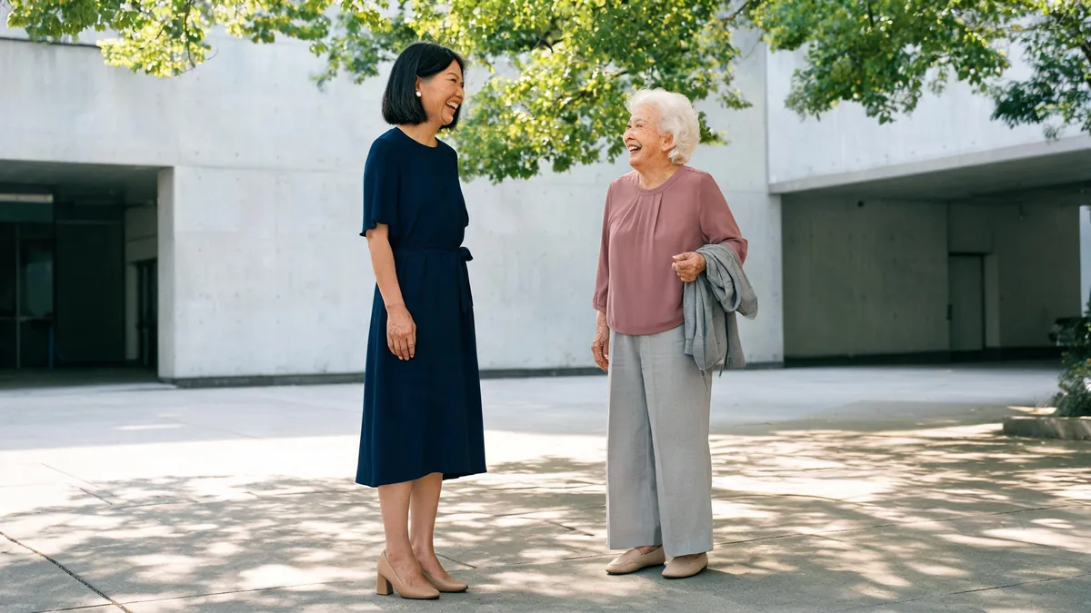 Mãe de vestido midi azul-marinho e avó de blusa rosa antigo com calça cinza-clara conversando à sombra de uma árvore depois de uma colação de grau de tarde