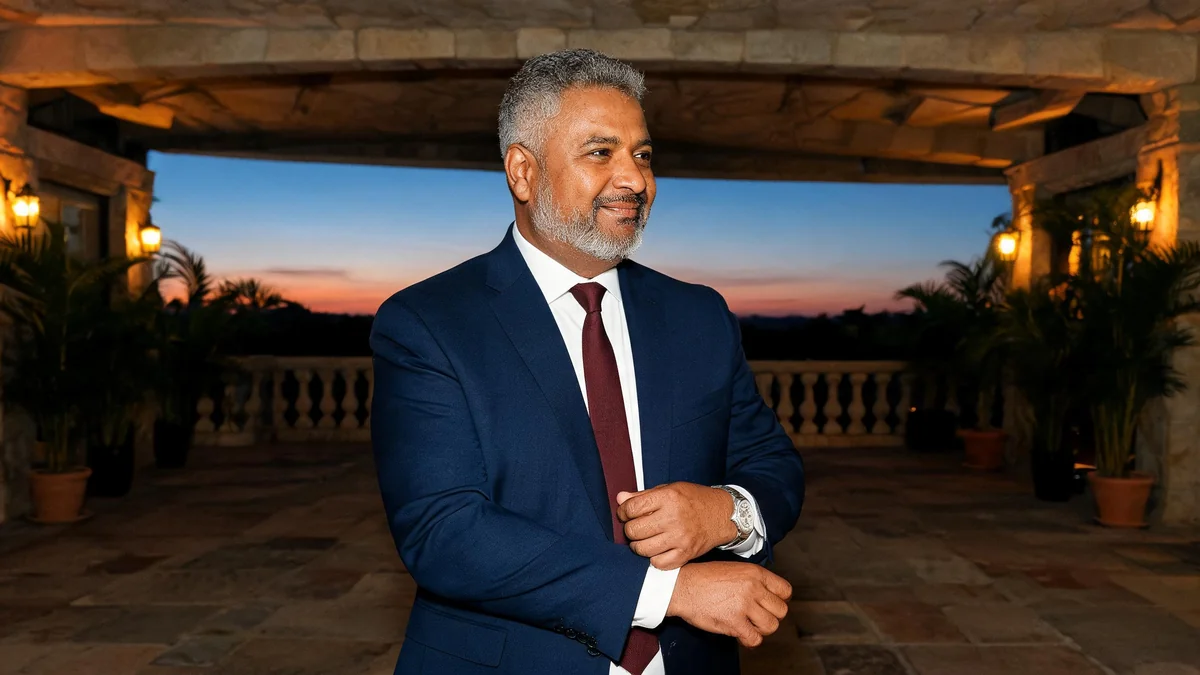 Homem de terno azul-marinho, camisa branca e gravata bordô ajustando o punho no terraço de um salão de formatura ao entardecer
