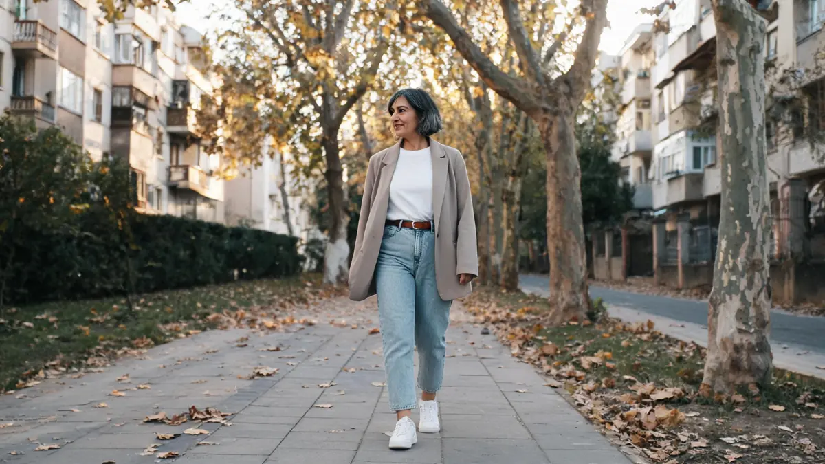 Kırlaşmış koyu saçları küt kesimli orta yaşlı bir kadın, açık mavi mom jean, içine sokulmuş beyaz tişört, kahverengi kemer, bej blazer ve beyaz spor ayakkabıyla ağaçlı bir sokakta yürüyor